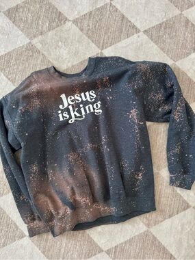 Jesus Is King Black Bleach-Splatter Crewneck Sweatshirt